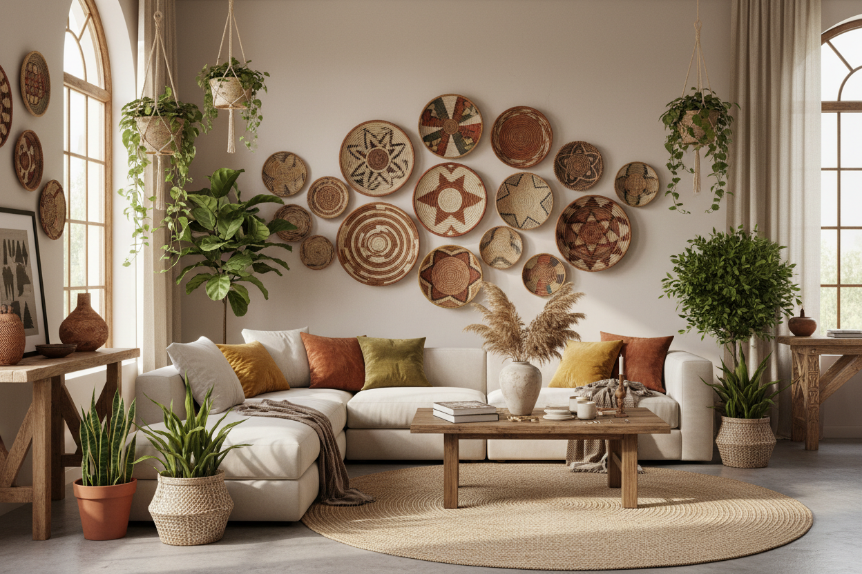 faire une composition murale avec les paniers dans un beau salon bohème chic, lumière naturelle